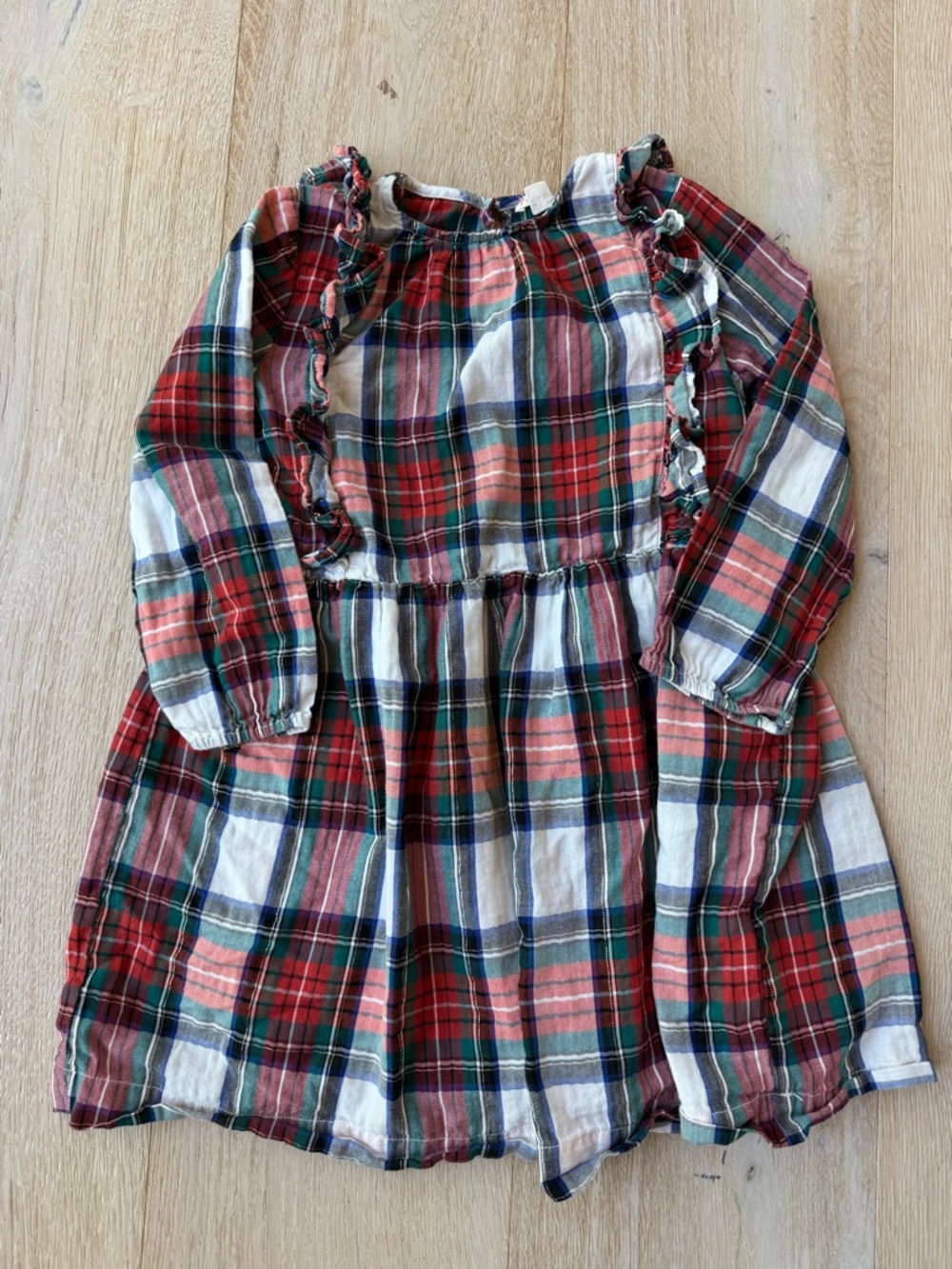 Crewcuts Red Green Cream Plaid Ruffle-Trim Dress
